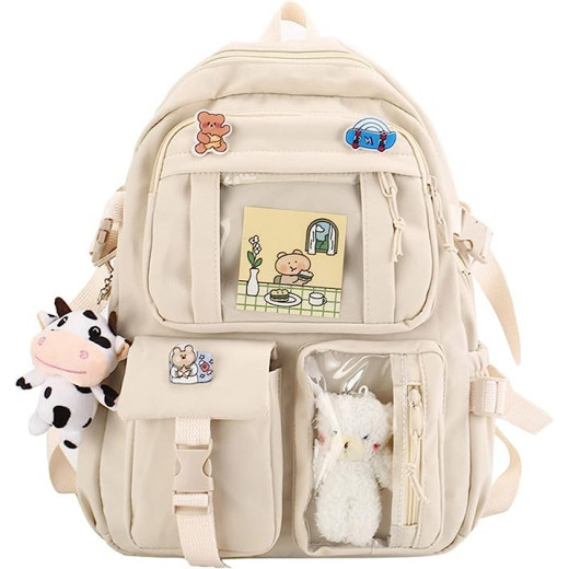 Students Kid Children School Backbag With Pins And Bear Badge, Beige Color