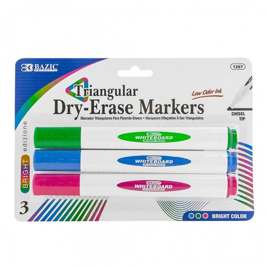 Bazic Chisel Tip Triangle Dry-Erase Markers Bright Colors, 3 Pieces