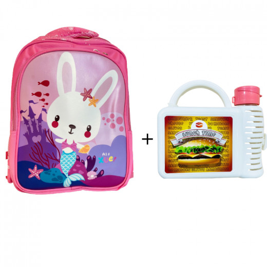 حقيبة مدرسية أميغو ، تصميم أرنب ، 38 سم + علبة غداء مع زجاجة ماء ، لون أبيض من يوني ماكس