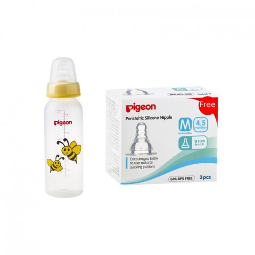 Pigeon Decorated Bottle - (Slim Neck) 240ml 1PC - Yellow, + Pigeon Silicone Nipple S-TYPE (M) 3PC in a Box For Free