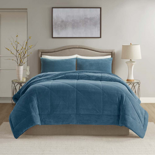 Nova home essentials velvet flannel to sherpa winter comforter blue king size