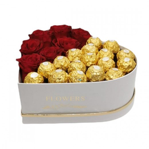 Roses with Chocolate, Heart Shape, White Color, Medium Size
