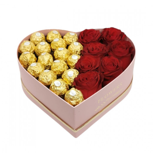 Roses with Chocolate, Heart Shape, Pink Color, Medium Size