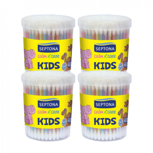 أعواد قطنية للأطفال  في برطمان بلاستيك, 100 قطعة, 4 حبات من سيبتونا