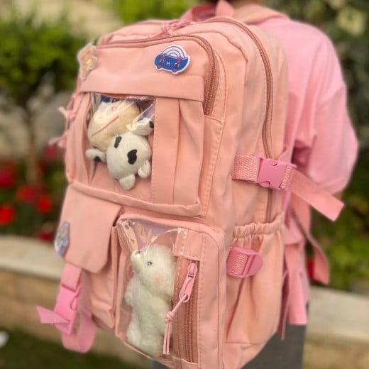 Students Kid Children School Backbag With Pins And Bear Badge, Pink Color