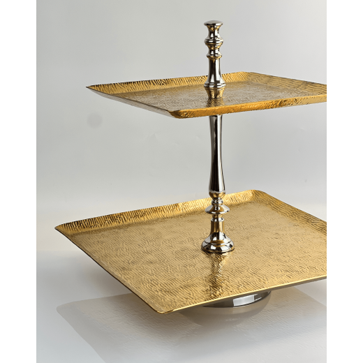 Vague Aluminium Square 2 Tier Stand with Stainless Steel Gold Finish 40 Cm