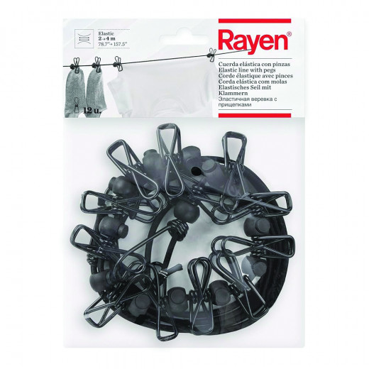 Rayen Tweezers Elastic Rope Laying Dimensions | 12 Included | Valid for Hanging Hangers | Clip Forceps | Polyester Silk | Latex | Metal | Black | 78 to 157