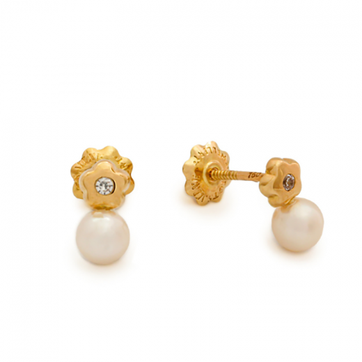 pearl and flower gold stud earrings with cubic zircon